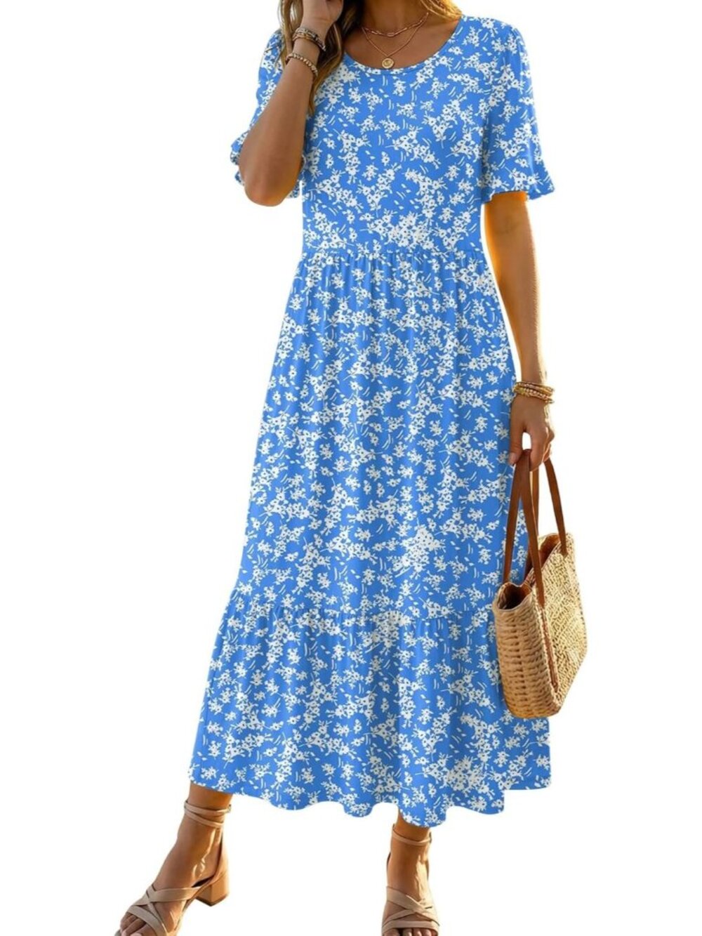 Women's Blue Casual Midi Dress Crew Neck Ruffle Short Sleeve Tiered Sundress
